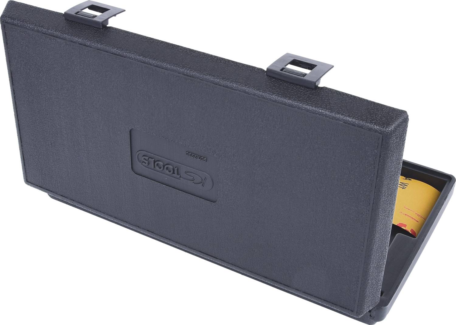 Black, rectangular toolbox in closed position, with the brand name 'Stools' embossed in the centre.