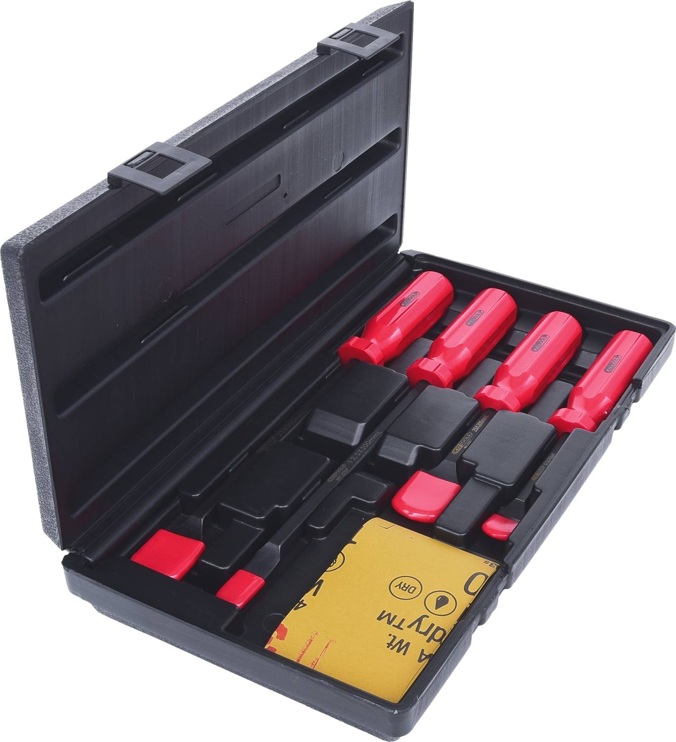 An open black suitcase displays a set of red plastic tools and sandpaper.