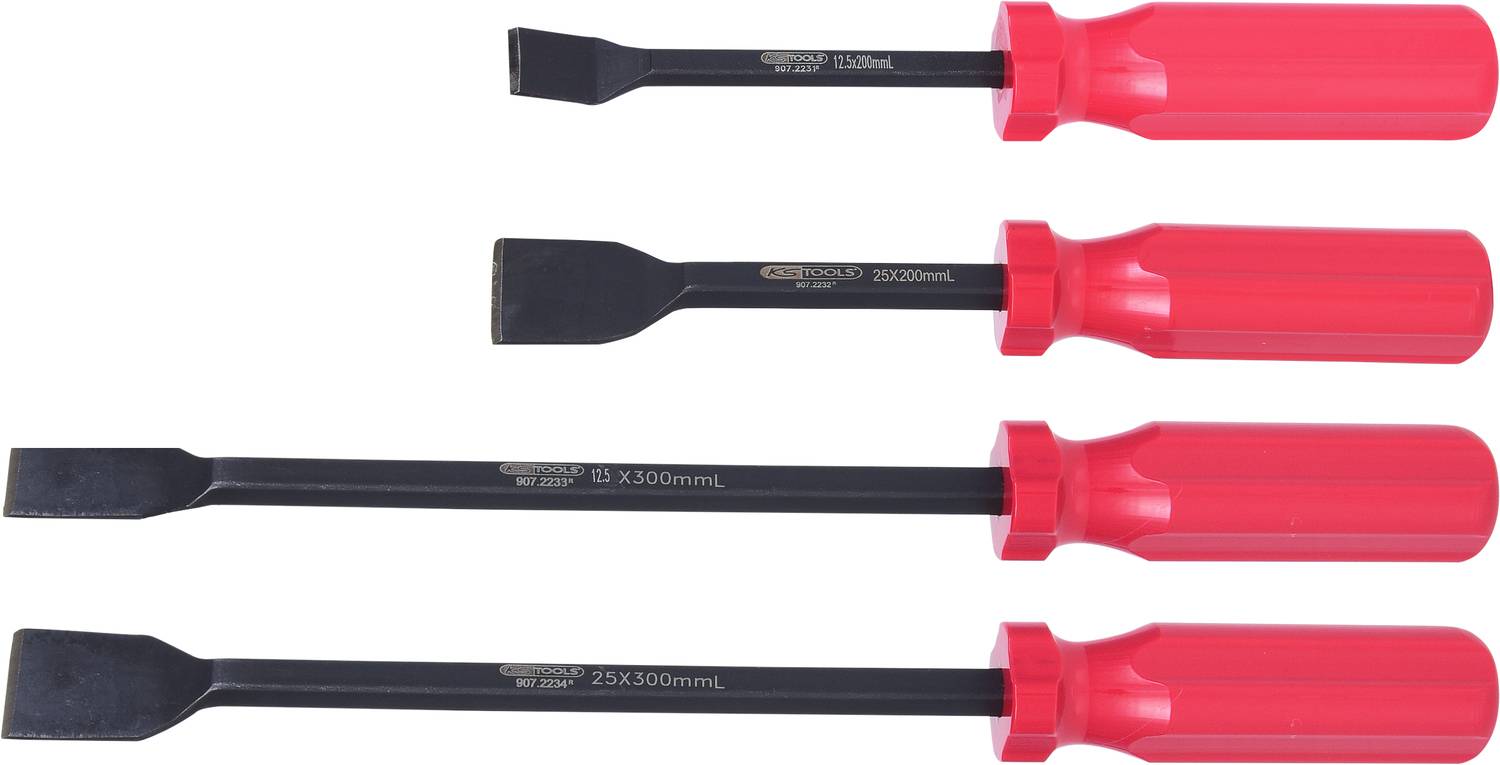 Four screwdrivers with red handles are arranged horizontally in different sizes.