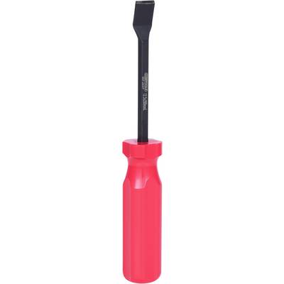 A red slotted screwdriver with a black blade, positioned vertically, on a white background.