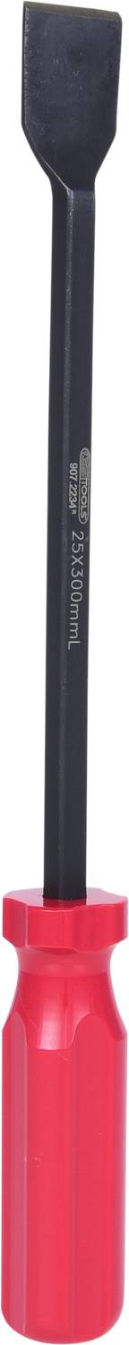 A red screwdriver tool with a black blade, suitable for use in mechanical work or repairs.