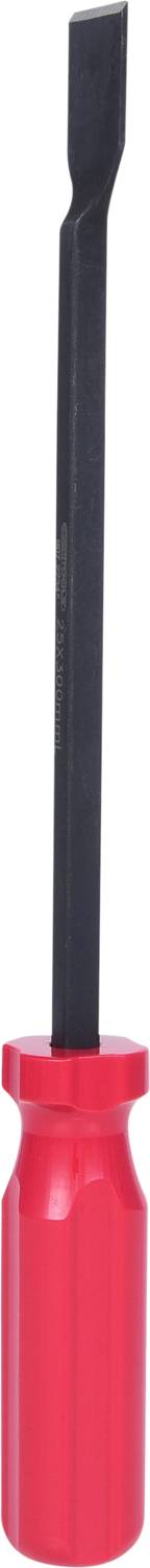 A red screwdriver tool with a flat, black head. Primarily used for loosening or tightening screws.