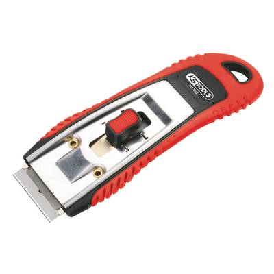 Red and black glass scraper with metal blade, suitable for cleaning windows or hobs.