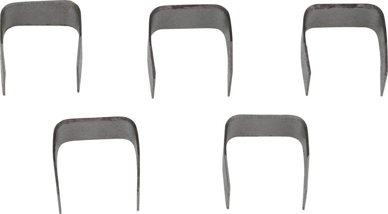 Five silver metal clips, evenly distributed and bent into a U-shape, on a white background.