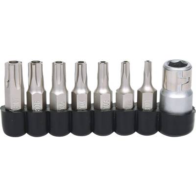 A set of eight silver Torx bit attachments of varying sizes, inserted into a black holder, with a silver socket to the right.