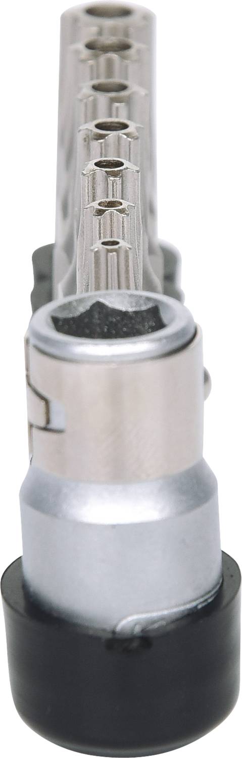 A metal key with hexagonal notches in a row, possibly part of a tool set.