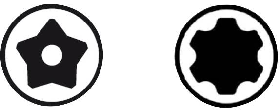 Two black symbols: on the left a five-pointed star with a hole in the centre, on the right a circle with an S-shaped contour.