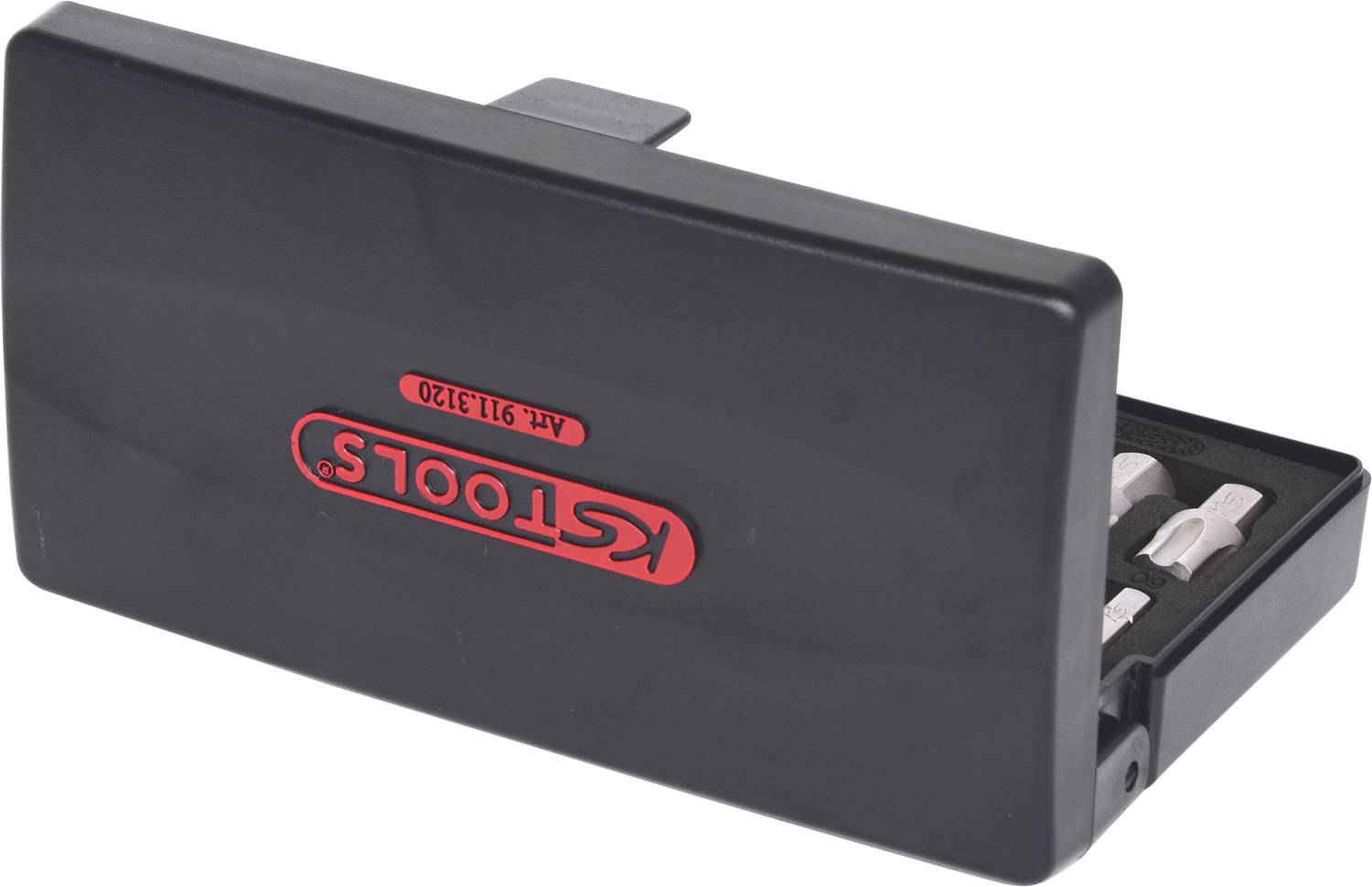 A black plastic case with an open lid reveals an insert for bits and tool holders. The external inscription reads 'KS TOOLS'.