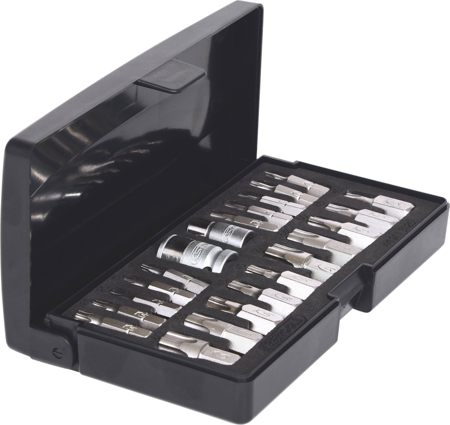 Opened black toolbox with various metal bits in different sizes and shapes, arranged in rows.