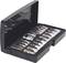 Opened black toolbox with various metal bits in different sizes and shapes, arranged in rows.