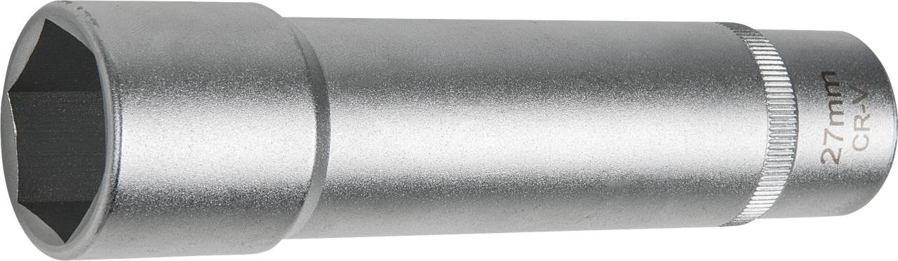 Silver hexagonal socket wrench with '27 mm CRV' marked on the side. Used for loosening nuts and bolts.