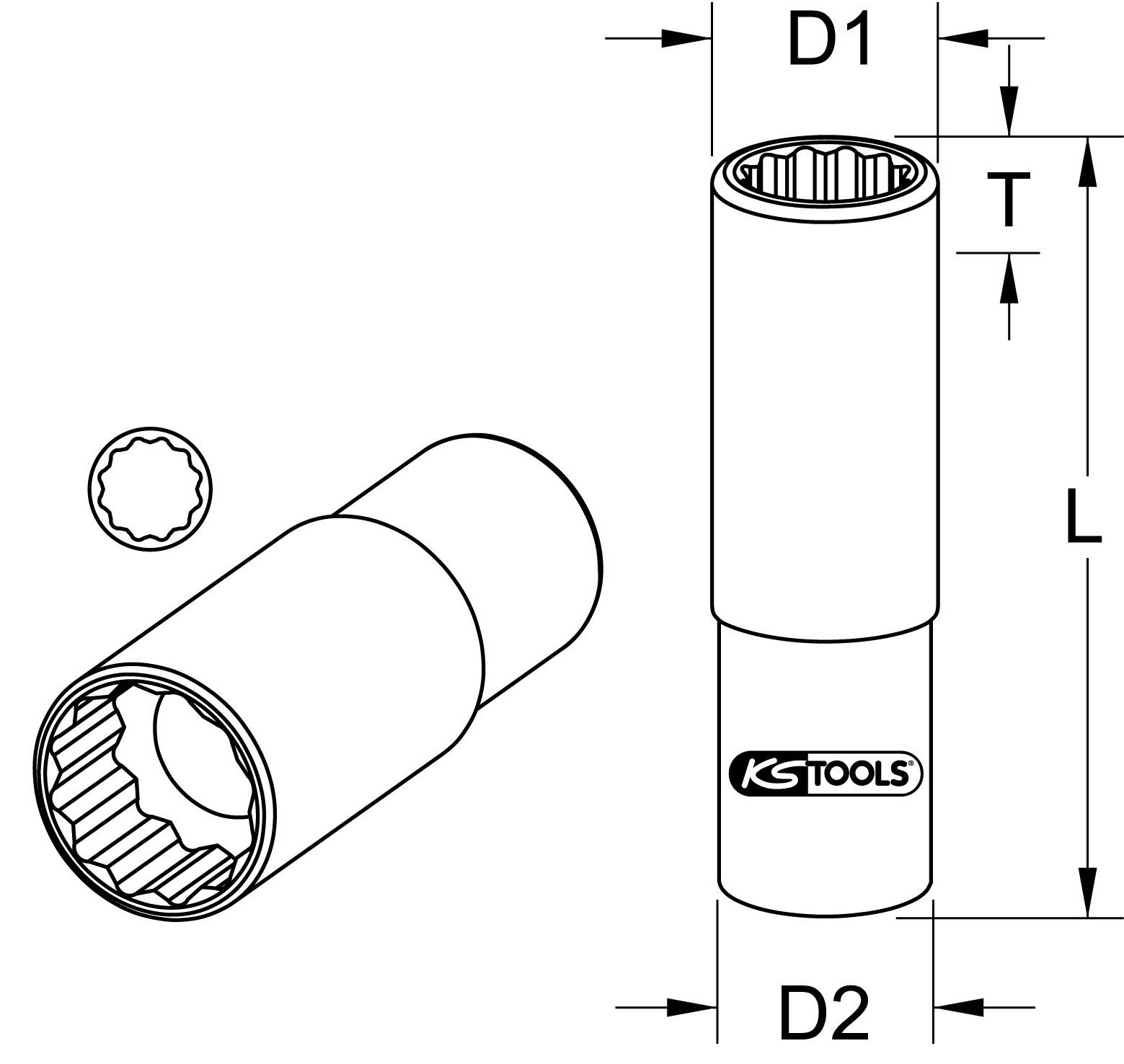 Technical drawing of a socket wrench with dimensions D1, D2, T, L marked; shows two-dimensional and three-dimensional views.