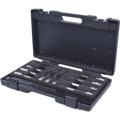 A sturdy tool case with multiple compartments containing various metal inserts. Simple storage solution for tools.