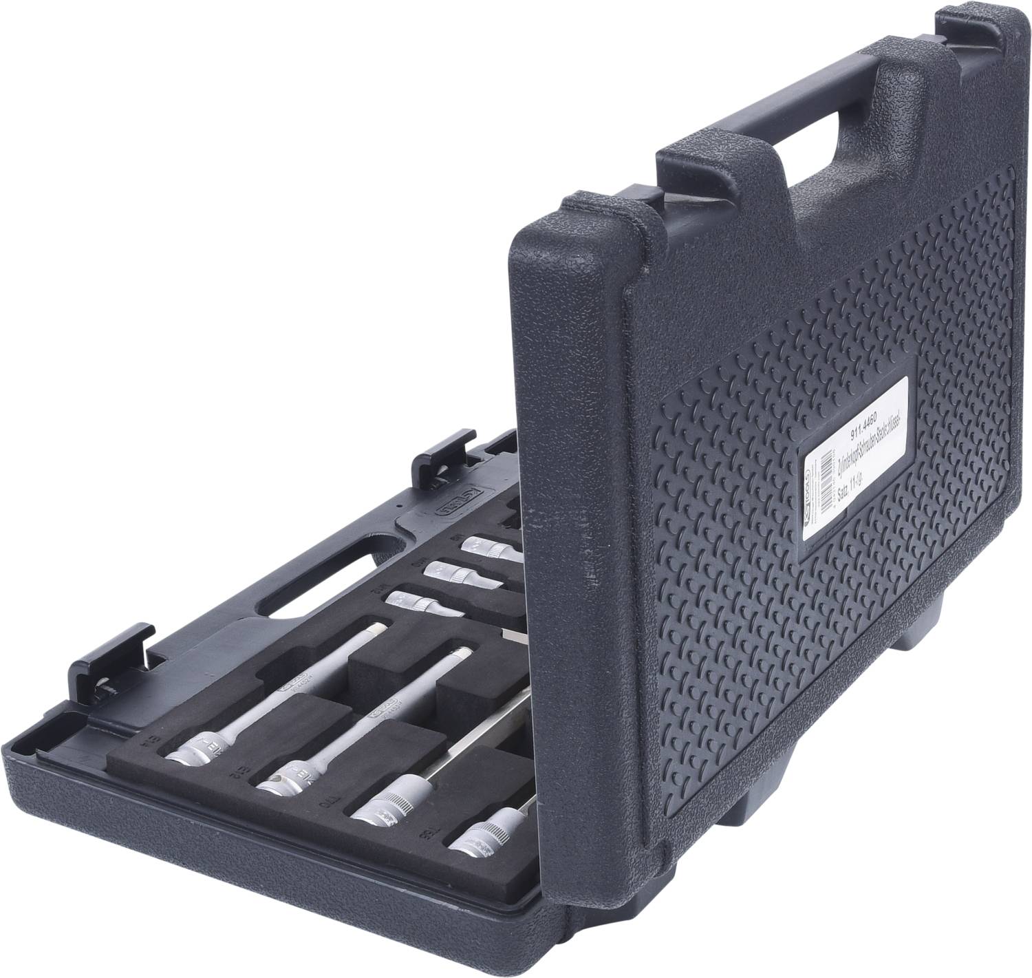 Black tool case with an open lid, displaying multiple tools in shaped compartments.