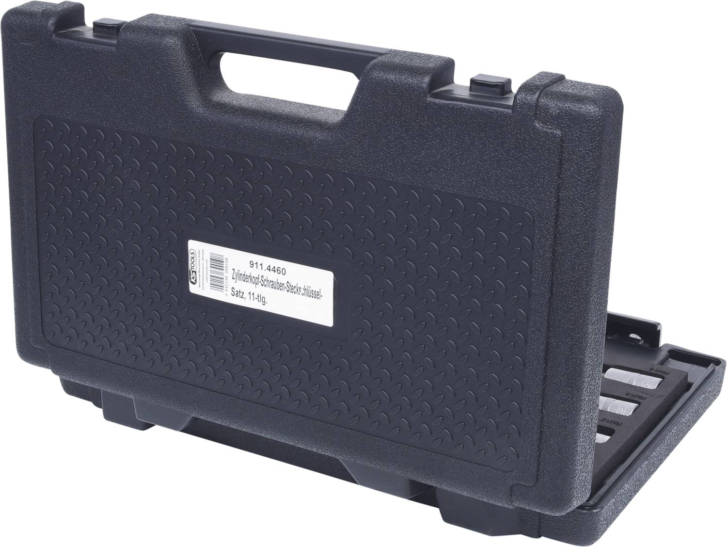 Black plastic tool case with handle, labelled '911-4460', opened to display tool compartments. Ideal for transporting tools.