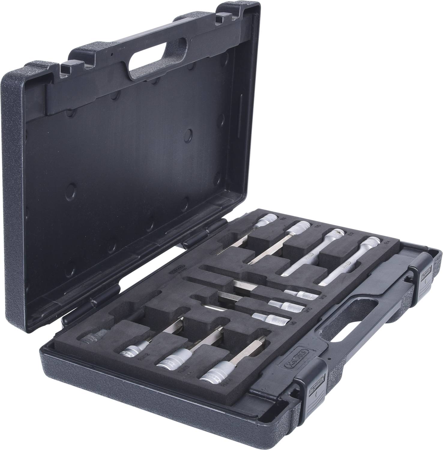 Plastic toolcase with various spanners in a custom-fitted foam insert, opened to display the tools.