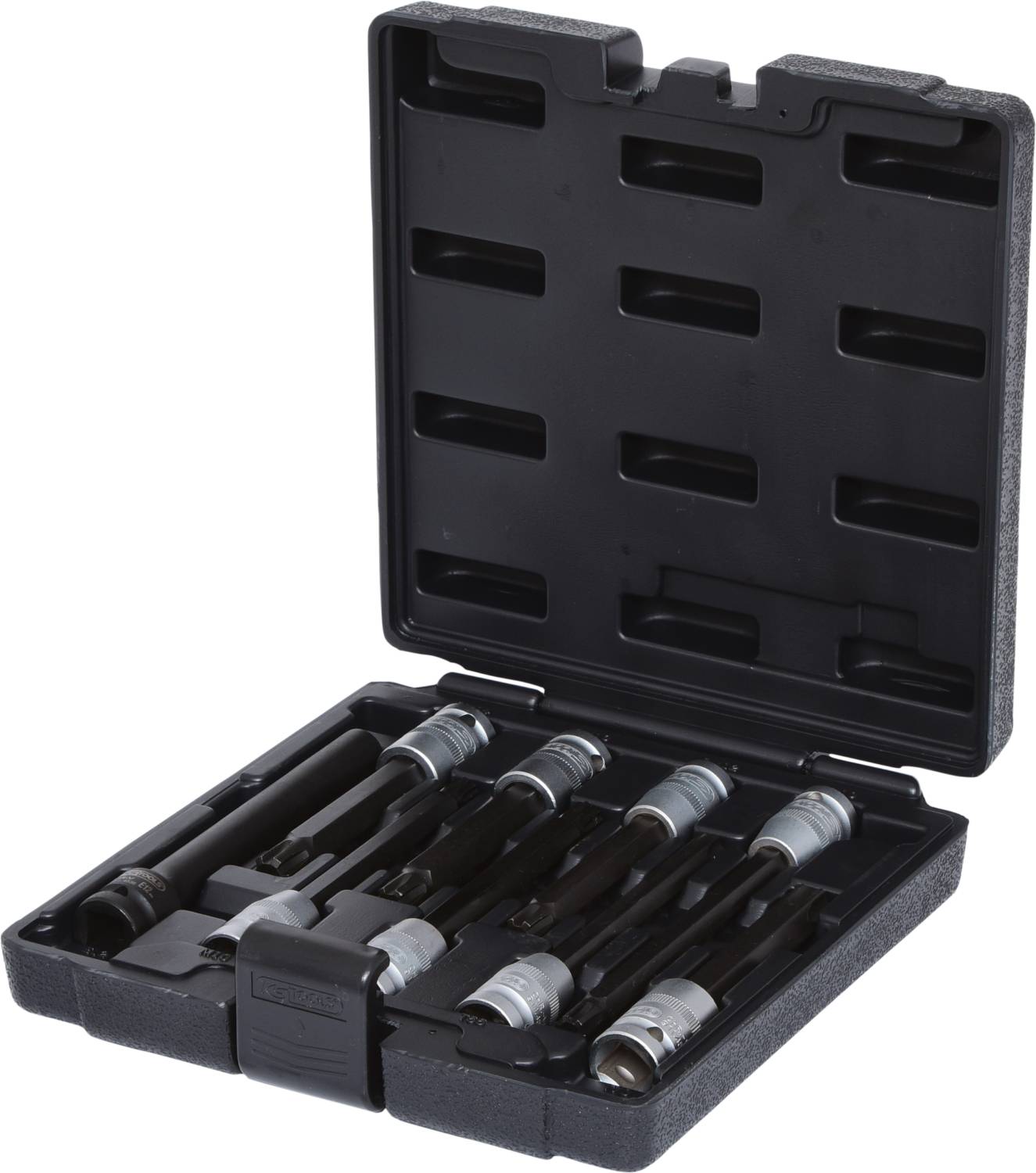 Opened black toolbox with several attachments for automotive use.