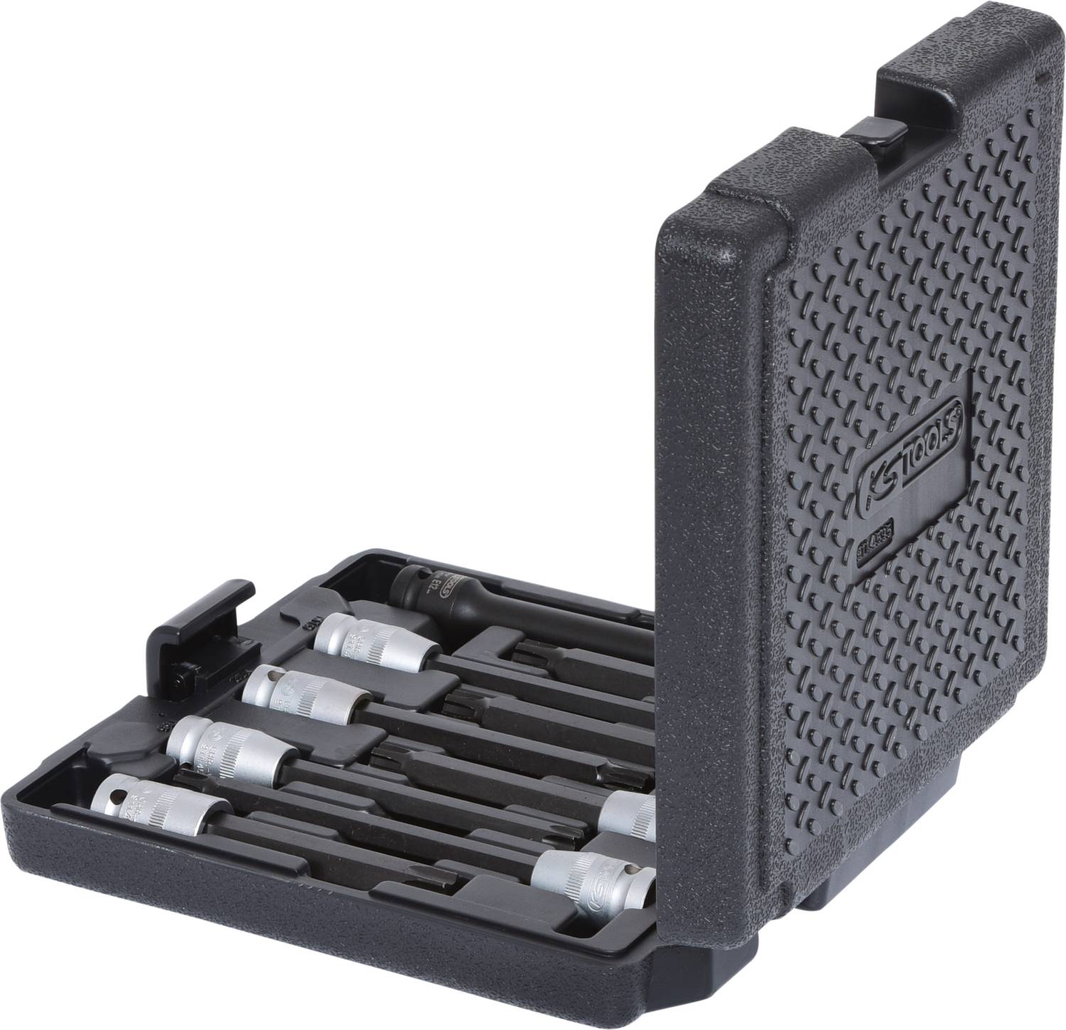 'Black tool case with multiple socket wrenches and extensions, partially open and viewed from the side.'