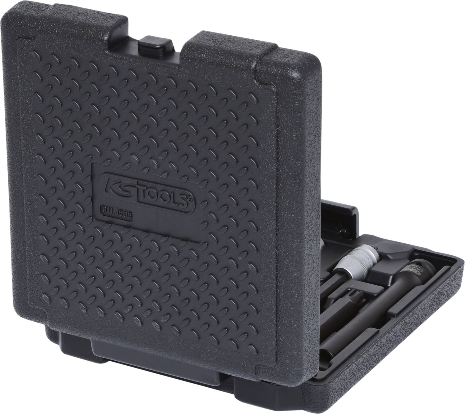 'Black, rectangular plastic toolbox, partially open. Contains tools, including a spanner.'