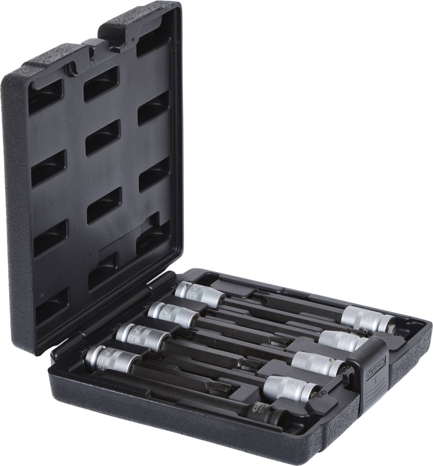 Tool kit with six socket wrenches in foam insert, opened. Ideal for vehicle repairs or general maintenance.