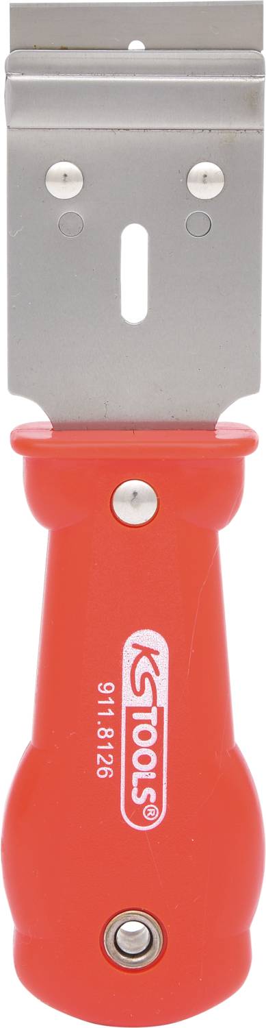 Red glass scraper with metal blade and ergonomic handle, marked with 'KS Tools'. Used for removing adhesive residue or paint.