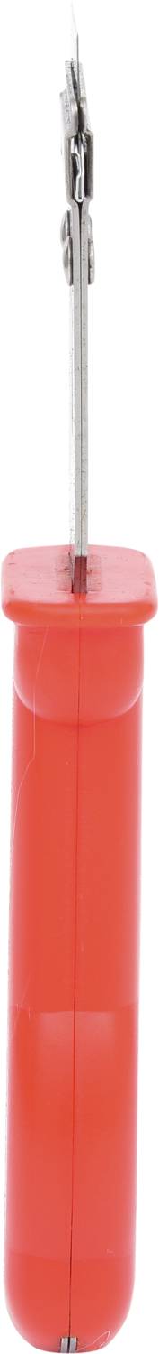 A red plastic handle with a metal hook attached, a typical tool for removing stitches or threads.