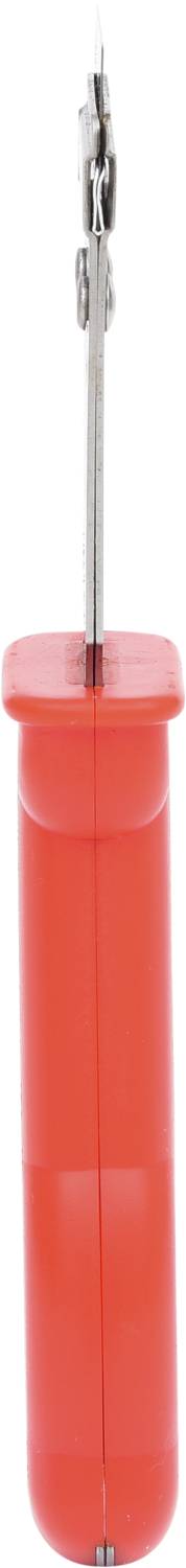 Red hand tool with a narrow handle and thin tip, likely a seam ripper or awl, for working with fabric or leather.