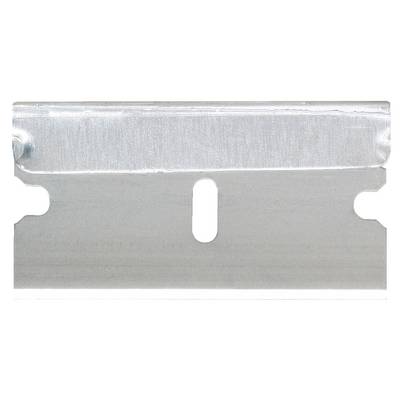 A single, silver metal razor blade with a central cut-out, lies flat on a white surface.
