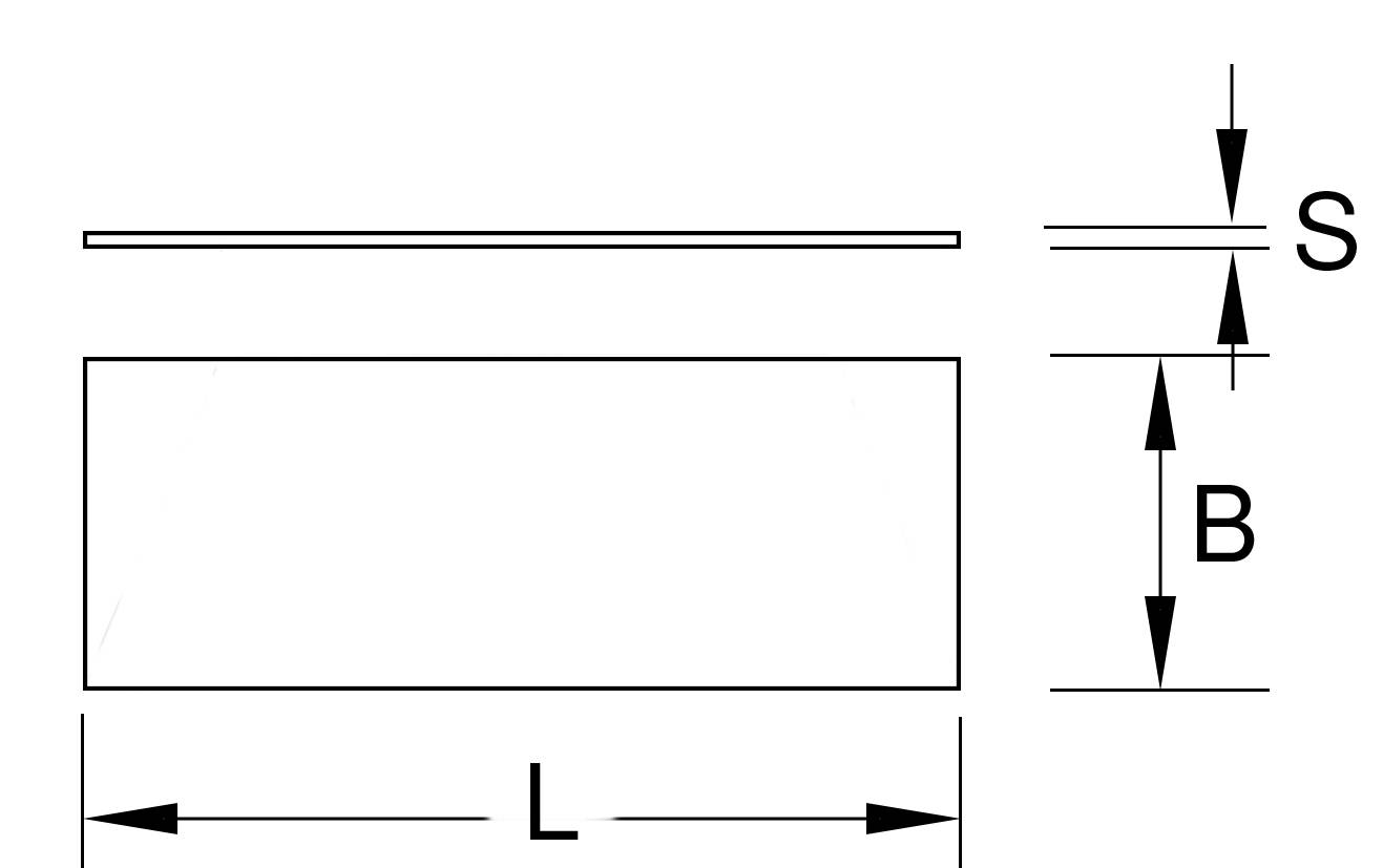 Technical drawing of a rectangular plate. Length 'L', width 'B' and thickness 'S' are specified.
