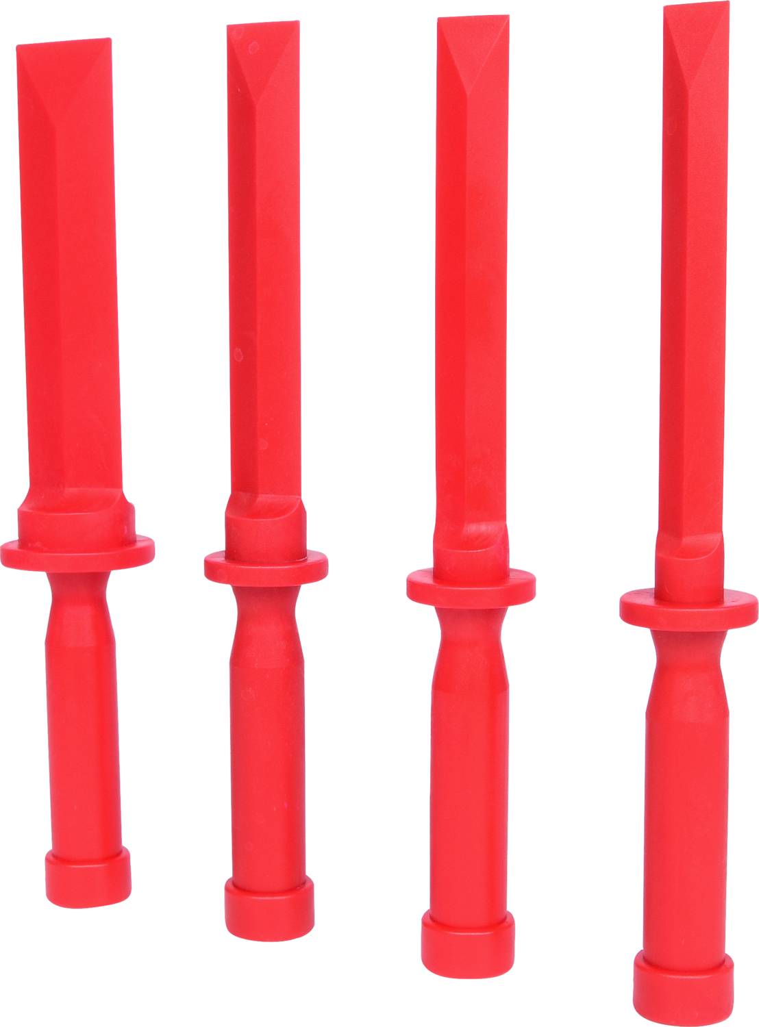 Four red, rod-shaped plastic objects with flat tips are standing side by side, possibly as training or safety equipment.