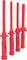 Four red plastic tools with long, flat tips and round handles, standing upright side by side.