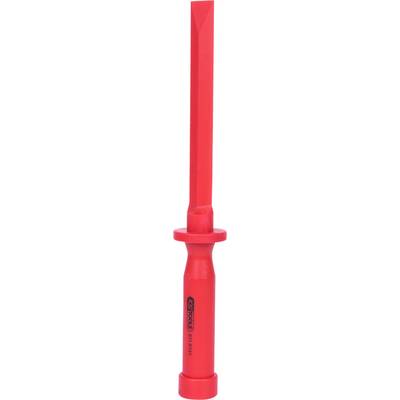A red, insulated voltage tester with a protective guard, used for safely checking electrical circuits.