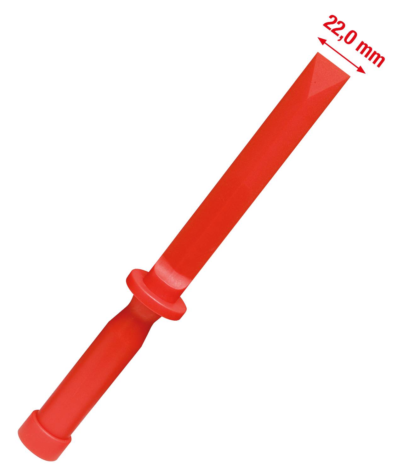 Red plastic wedge with handle and cable end ferrules, approx. 22 mm wide, for installation or as a tool for tensioning.