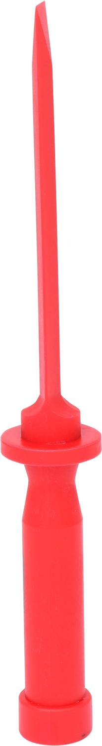 A red plastic dismantling pin with a slim handle and a long, tapered end, set against a plain white background.