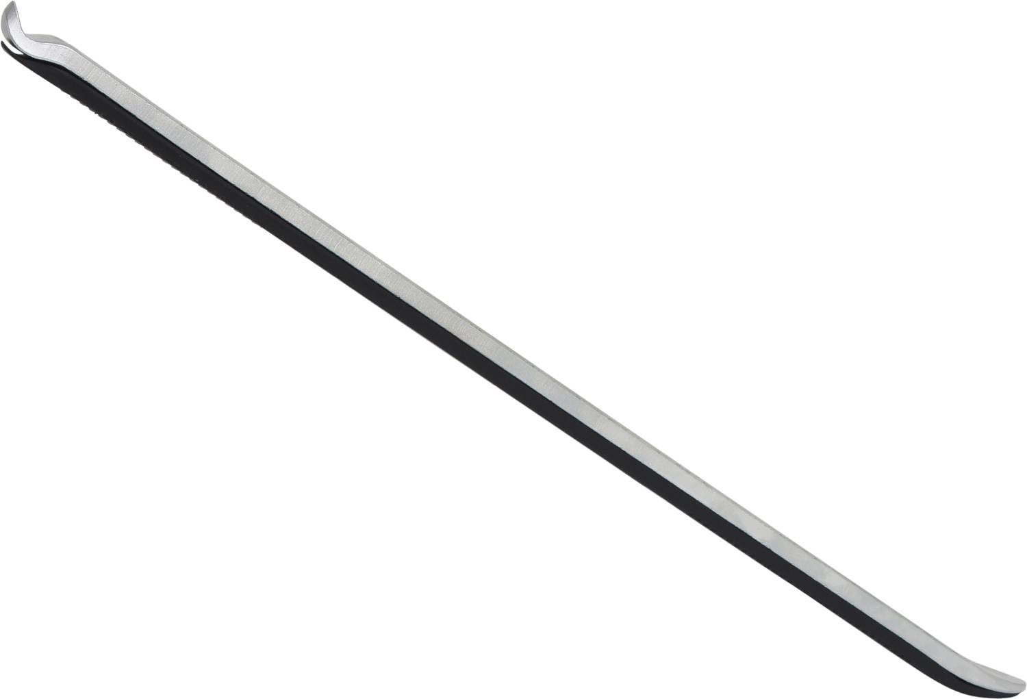 A long, metallic lever with curved ends, typically used as a crowbar or pry bar.