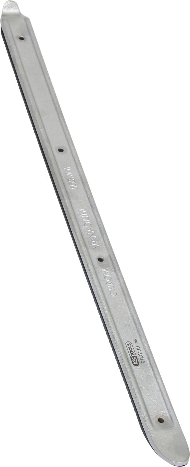 A silver metal tyre lever, slim and elongated, with rounded edges, is used for lifting bicycle tyres.