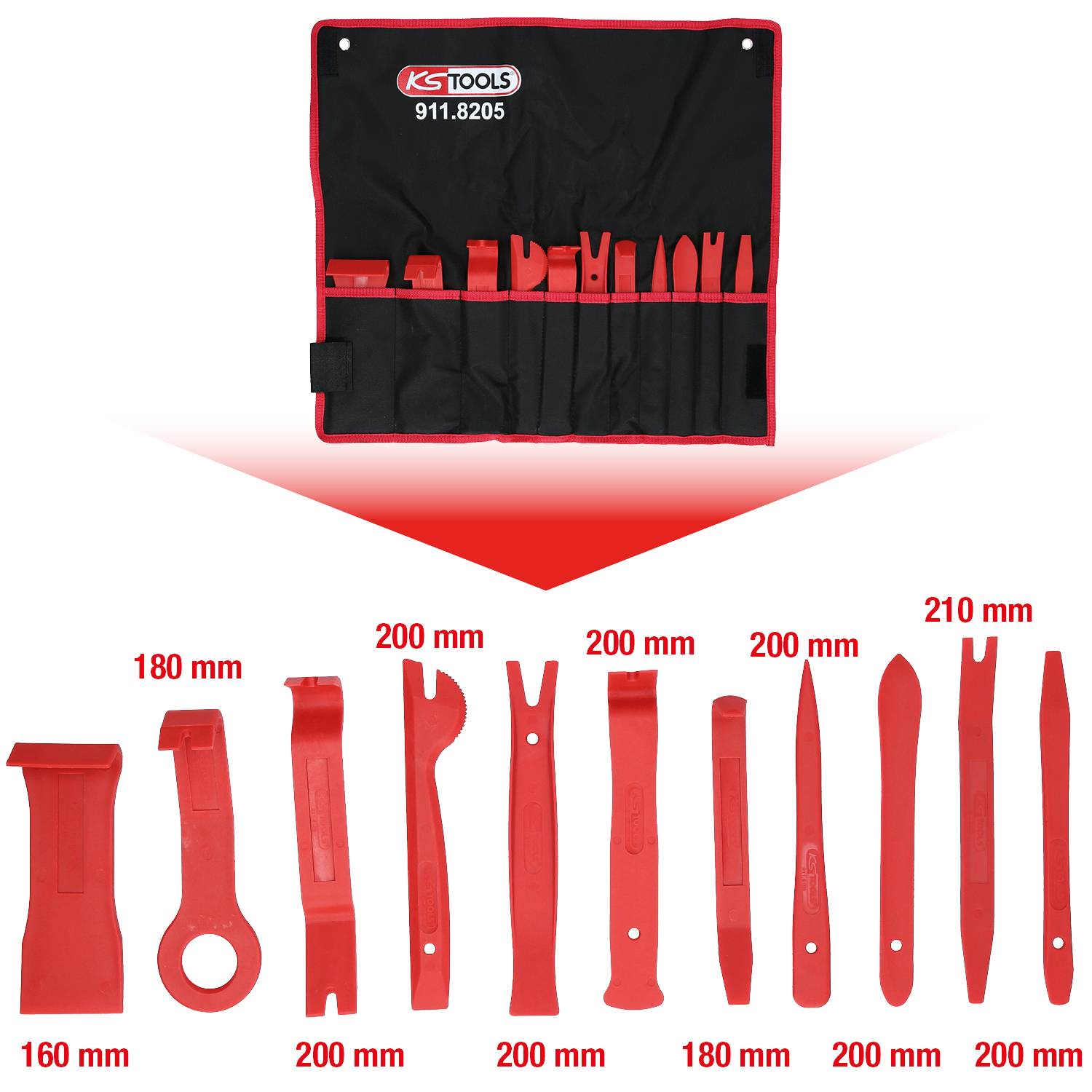 'KS Tools 911.8205' Toolset with 11 red plastic wedges in various shapes and sizes, presented in a carry bag.