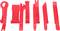 Red plastic tools in various shapes for car repairs or installations, lined up side by side.