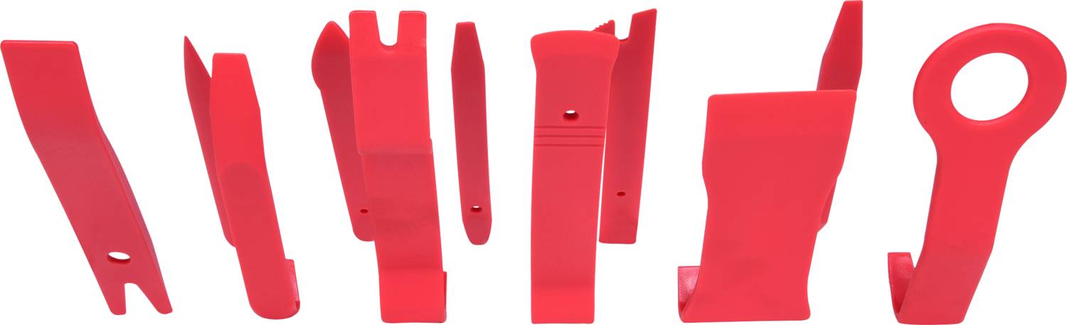 Eight red plastic tools of various shapes and sizes, presumably for removing trim or clips in a vehicle.