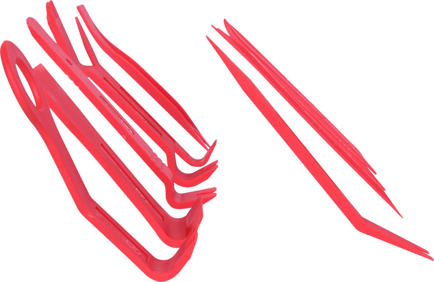 Red plastic tool set with various flat levers and hooks for removing automotive trim and panels.