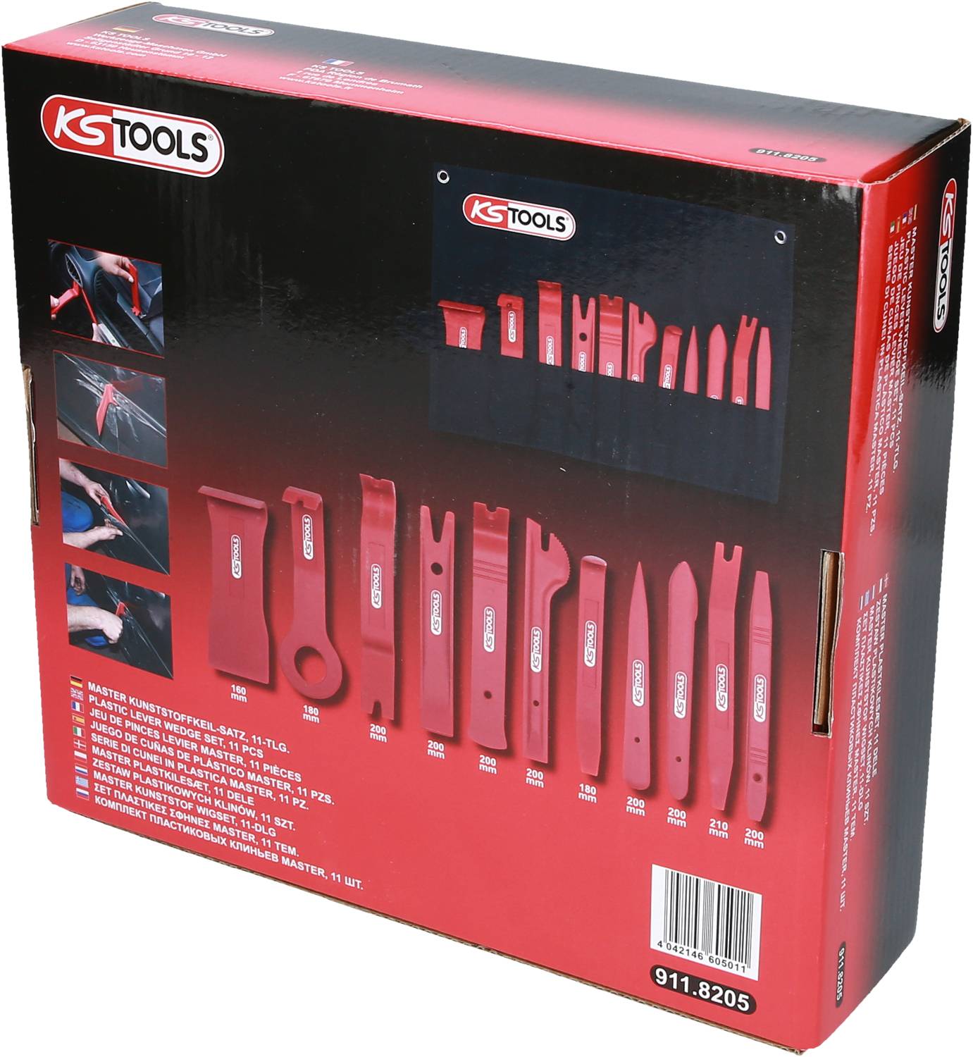 'Packaging for a 12-piece KS Tools plastic lever set. Contains various forms of plastic levering tools.'