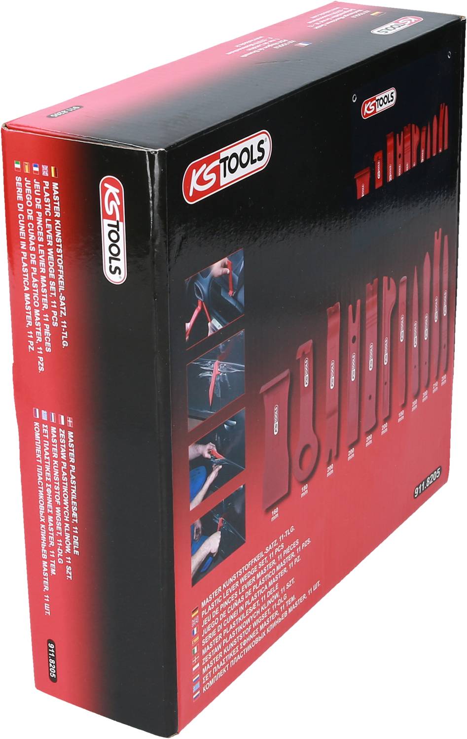 'KS Tools' tool set in a red package, containing various hand tools. Illustrations show tools in use.