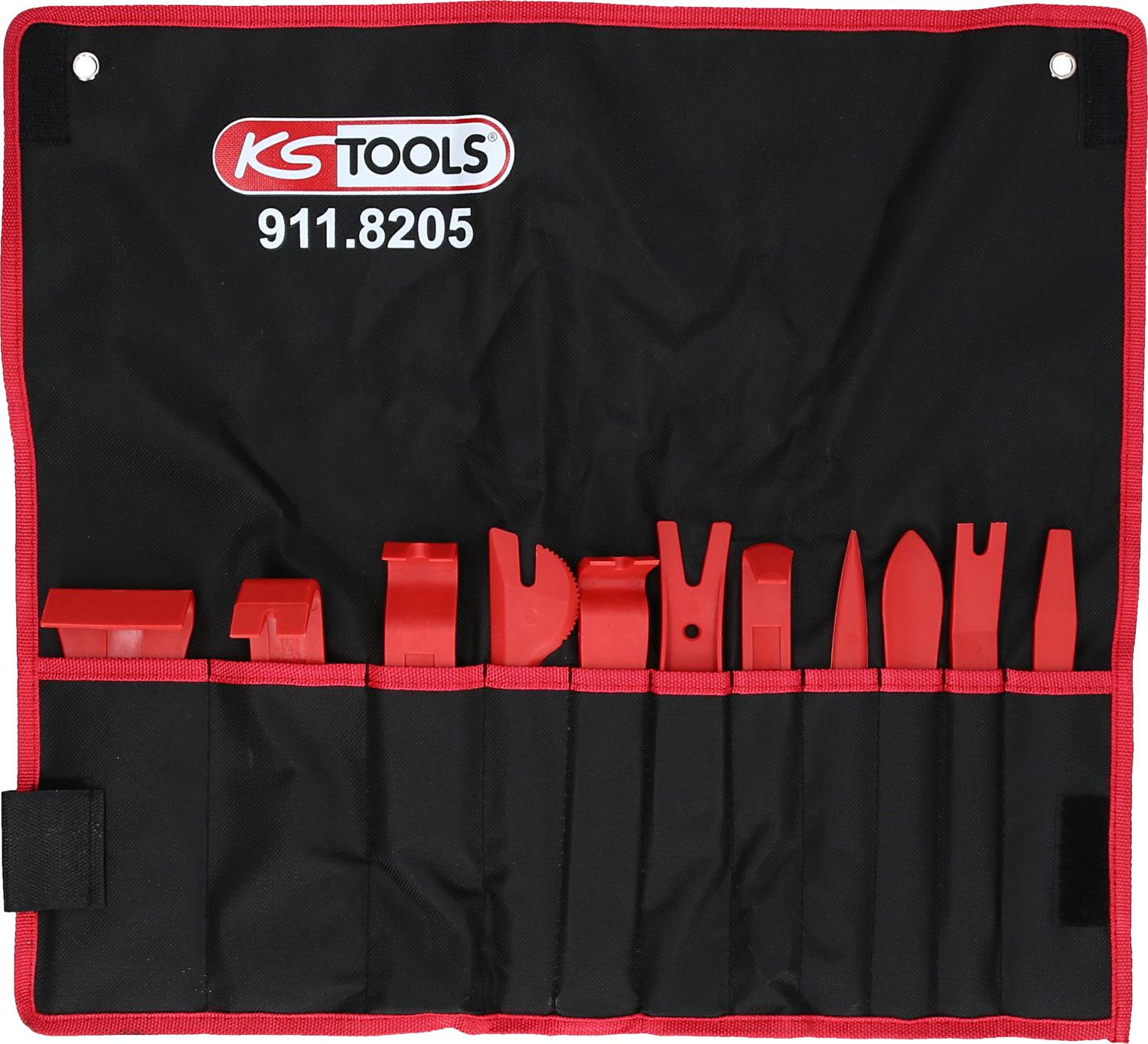 A set of nine red plastic tools in a black bag. Tools for removing trim or interior panels.