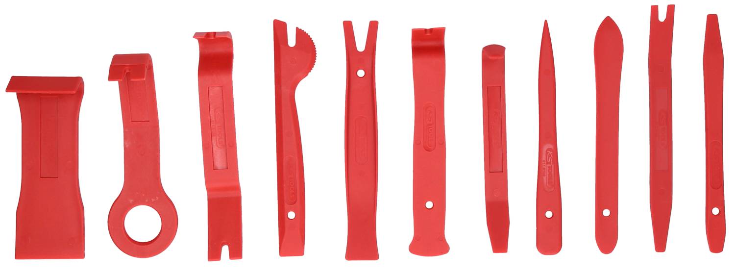 A set of 11 red plastic tools in various shapes, used for removing car trim and clips.