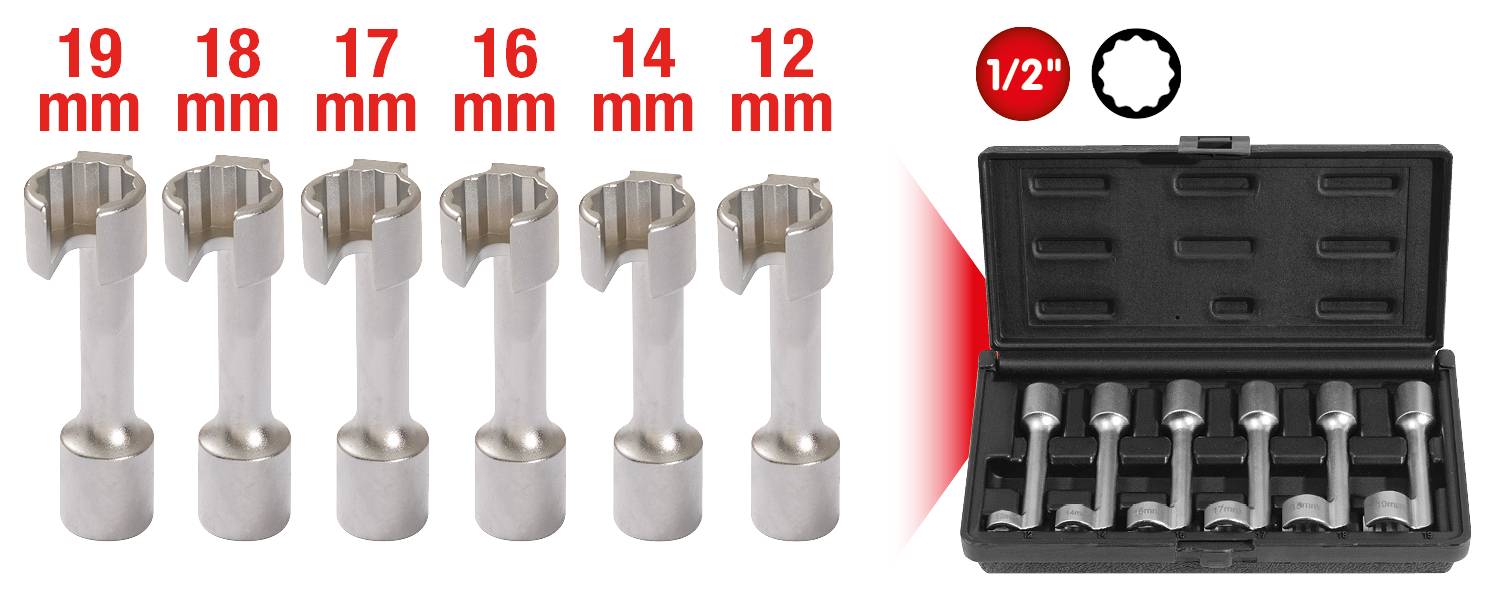 'Set of hexagonal bit sockets in sizes: 19 mm, 18 mm, 17 mm, 16 mm, 14 mm, 12 mm. Black case with compartments for the sockets.'