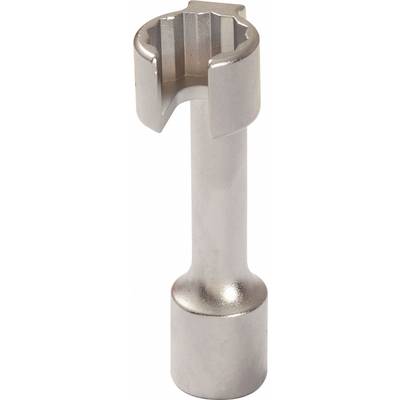 A silver open-ended spannar. Suitable for tightening or loosening screws in hard-to-reach areas.