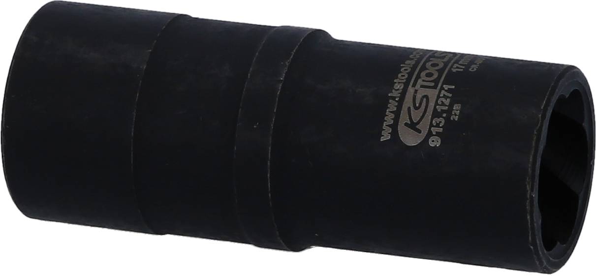 Black impact socket with labelling, used for tasks requiring high torque. Suitable for use with impact drivers.