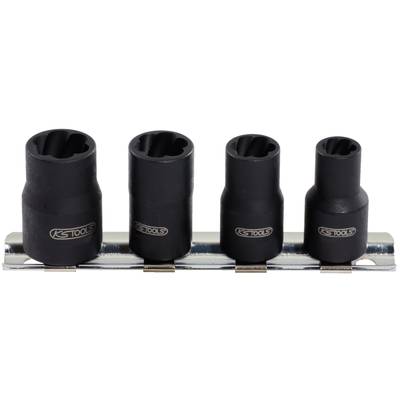 Four black socket nuts in different sizes, mounted on a metal rail, with the 'KS TOOLS' logo.