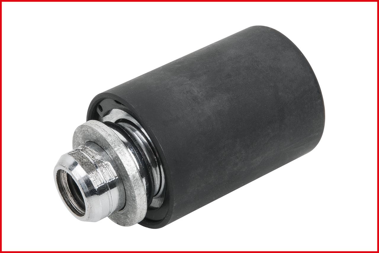 Black cylindrical roller with silver metal end, possibly part of a mechanism or device, on a white background.