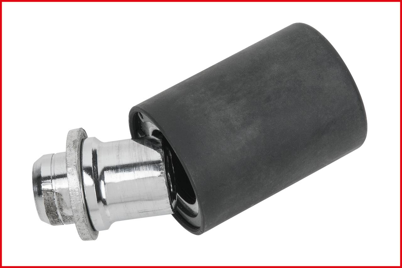 'Metal and rubber apparatus for mechanical applications; left end chrome-like, right end with black casing.'